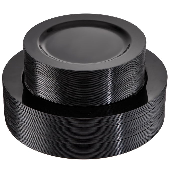 100PCS BLACK PLASTIC PLATES HEAVY DUTY BLACK DISPOSABLE PLATES FOR FATHERS DAY 4TH OF JULY PARTYGRADUATIONWEDDING SERVE 50GUESTS 1025INCH AND 75INCH SET