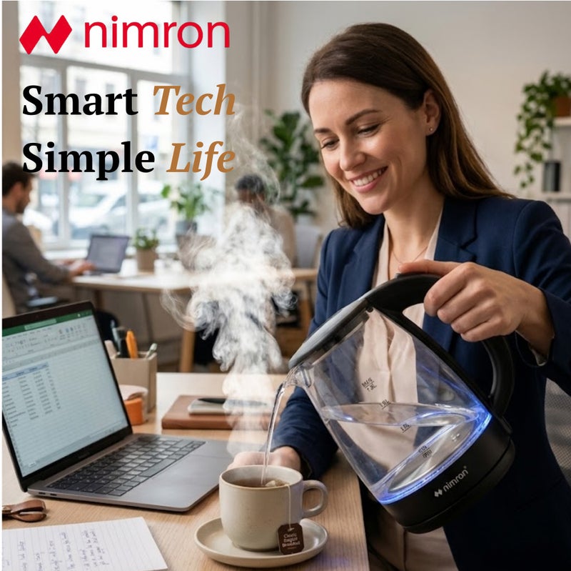 nimron 1.8L Glass Electric Kettle 1500W Fast Boiling | Borosilicate Glass Body, 304 Stainless Steel Base, LED Light Ring, Auto Shut-Off & Boil Dry Protection | Tea & Coffee Kettle - Image 2