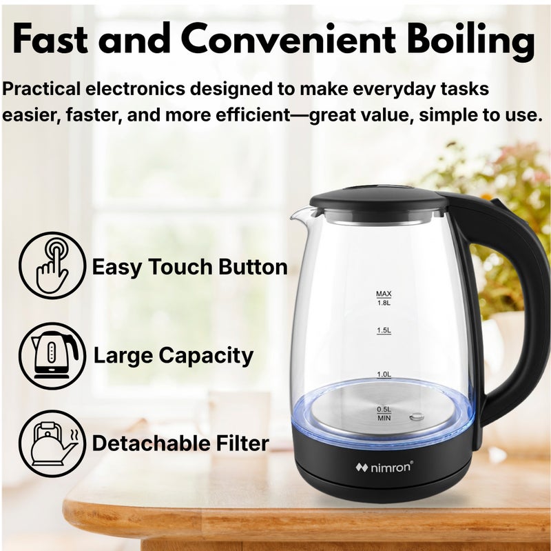 nimron 1.8L Glass Electric Kettle 1500W Fast Boiling | Borosilicate Glass Body, 304 Stainless Steel Base, LED Light Ring, Auto Shut-Off & Boil Dry Protection | Tea & Coffee Kettle - Image 3