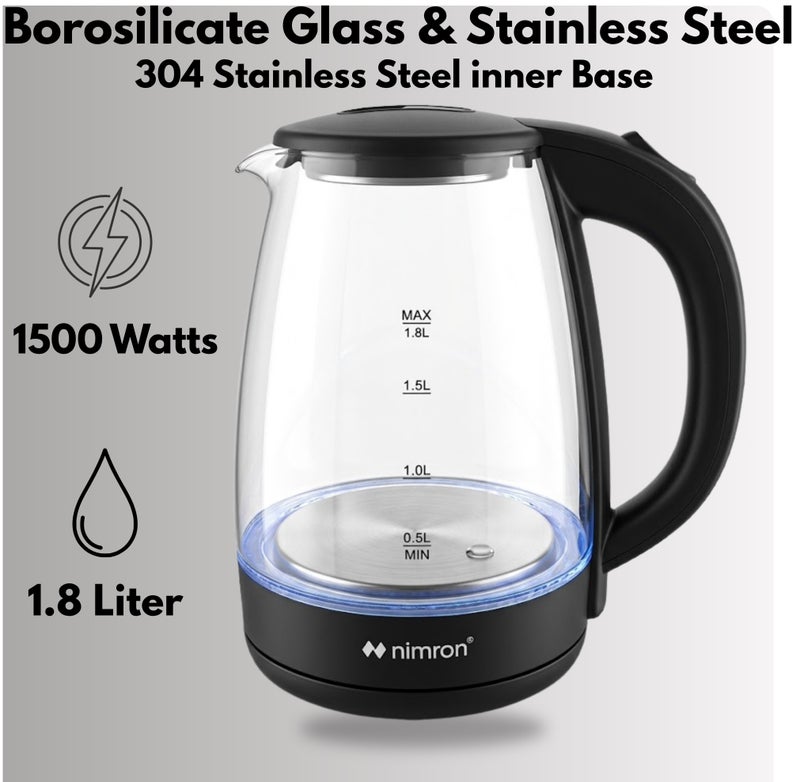 nimron 1.8L Glass Electric Kettle 1500W Fast Boiling | Borosilicate Glass Body, 304 Stainless Steel Base, LED Light Ring, Auto Shut-Off & Boil Dry Protection | Tea & Coffee Kettle - Image 4