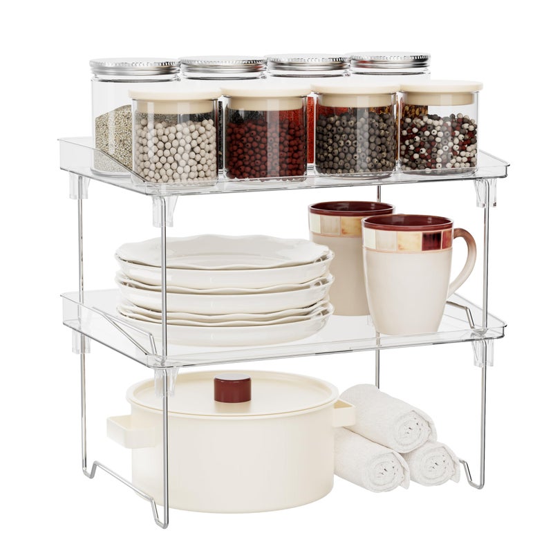 STARLATTA 2 Pcs Cabinet Organizer Shelf，Stackable Kitchen Counter Shelves, Spice Rack,Countertop Organizers，Clear Plastic Storage Shelves Rack for Makeup，Bathroom, Cupboard，Desk，Pantry Organization - Image 1