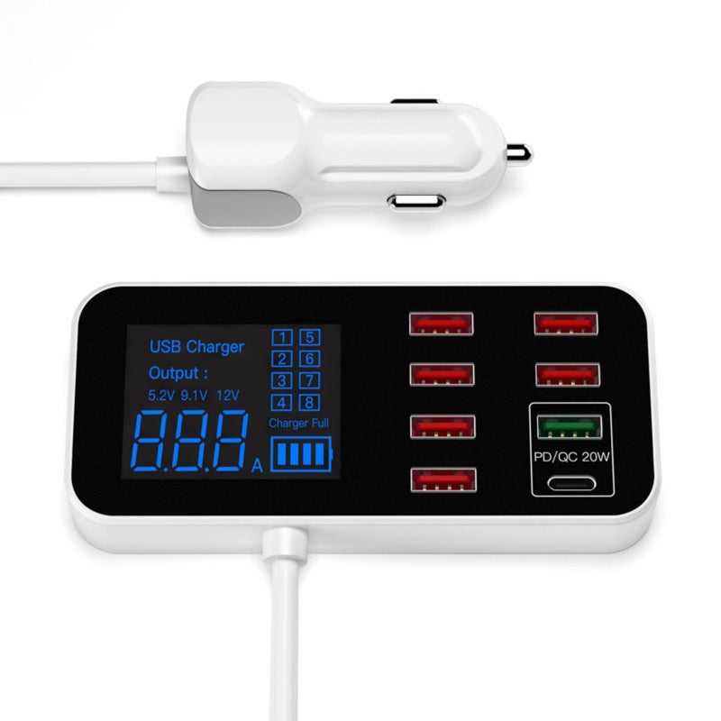 A9S Fast Car Charger 8 Port Multi USB LCD Display 12V Phone Charger USB Hub for Phone Tablets DVR - Image 1