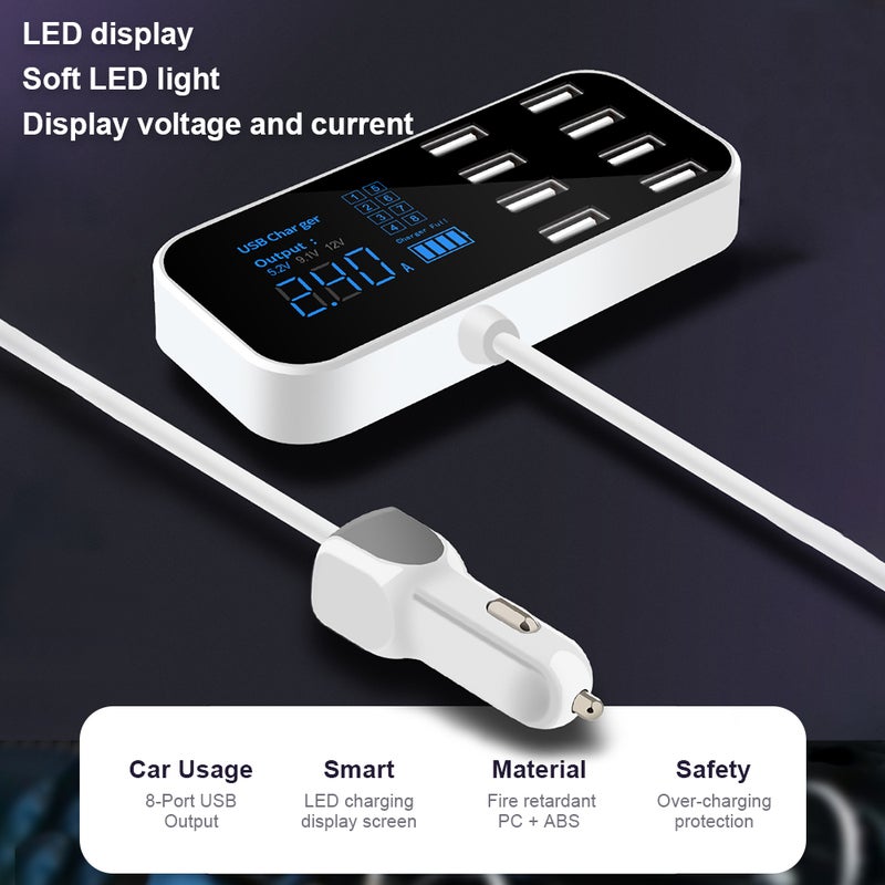 A9S Fast Car Charger 8 Port Multi USB LCD Display 12V Phone Charger USB Hub for Phone Tablets DVR - Image 3