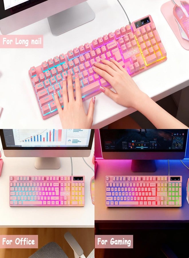 CHONCHOW Pink Creamy Keyboard with LED Backlit, 104 Keys Full Size, Anti-Ghosting, Multimedia Function Keys, 3 Colors Light Up, USB Wired Gaming Keyboard for PC, Computer, Desktop, Laptop, PS4 - Image 3