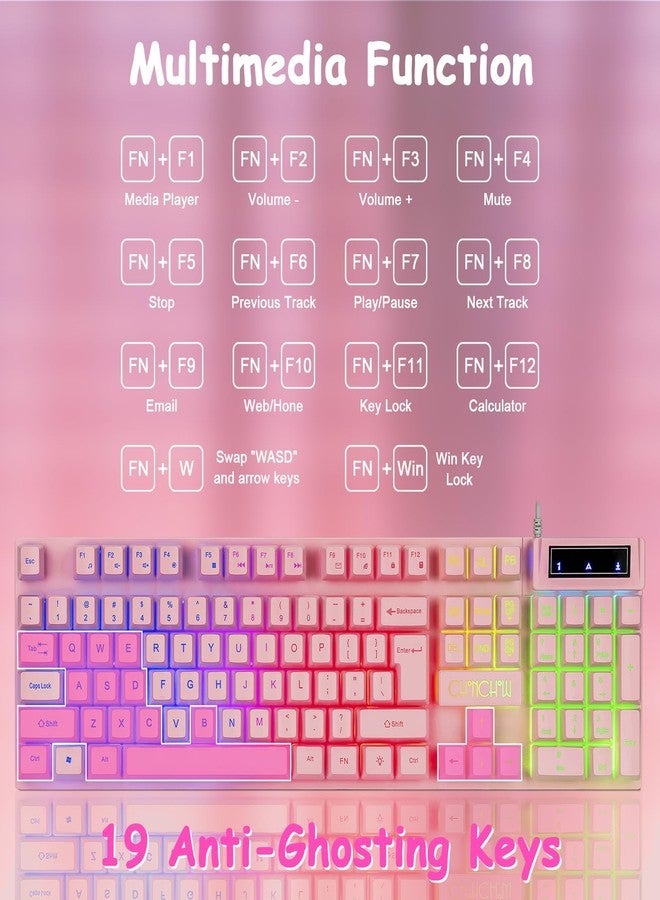 CHONCHOW Pink Creamy Keyboard with LED Backlit, 104 Keys Full Size, Anti-Ghosting, Multimedia Function Keys, 3 Colors Light Up, USB Wired Gaming Keyboard for PC, Computer, Desktop, Laptop, PS4 - Image 4