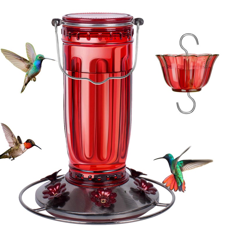 Kingsyard Glass Hummingbird Feeder for Outdoors Wild Bird Feeder with 6 Feeding Ports Hanging for Garden Yard, Red (Ant Moat Included) - Image 1
