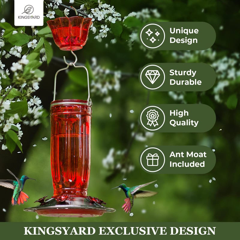 Kingsyard Glass Hummingbird Feeder for Outdoors Wild Bird Feeder with 6 Feeding Ports Hanging for Garden Yard, Red (Ant Moat Included) - Image 3