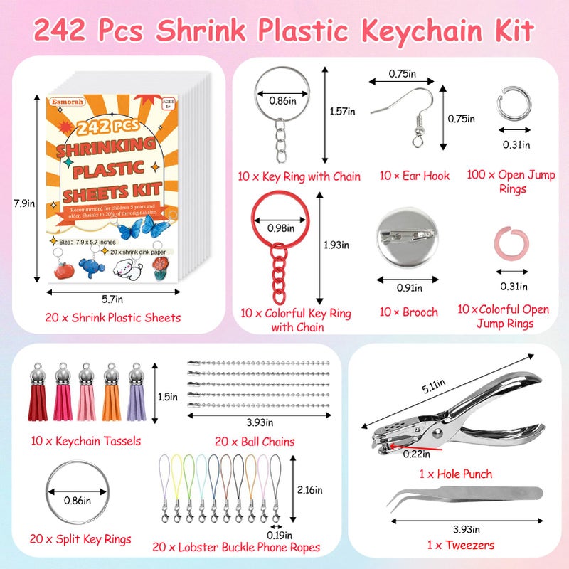 Esmorah 242Pcs Shrink Dink Sheets Keychain Kit  With 20 Sheets 7.9""X5.7"" Shrink Art Paper  Ear Hooks  Brooches  Colorful Key Rings & Jump Rings  Hole Punch  Tweezers - Ideal For Diy Crafts  Kids & Adults - Image 2
