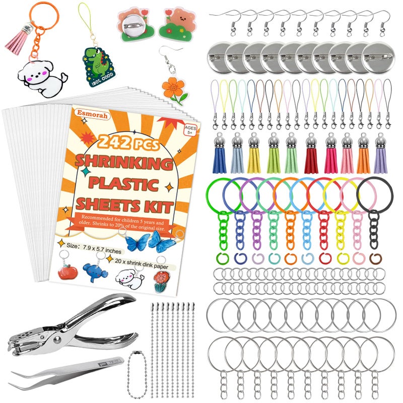 Esmorah 242Pcs Shrink Dink Sheets Keychain Kit  With 20 Sheets 7.9""X5.7"" Shrink Art Paper  Ear Hooks  Brooches  Colorful Key Rings & Jump Rings  Hole Punch  Tweezers - Ideal For Diy Crafts  Kids & Adults - Image 1