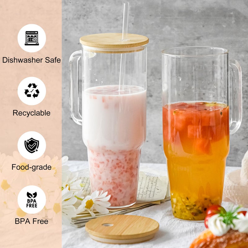 FECBK Glass Cups with Lids and Straws 40 oz Glass Tumbler with Straw and Lid 2 Pack Glass Tumbler with Handle Wide Mouth Iced Coffee Cups for Smoothies, Soda, Tea, with Bamboo Lids - Image 5