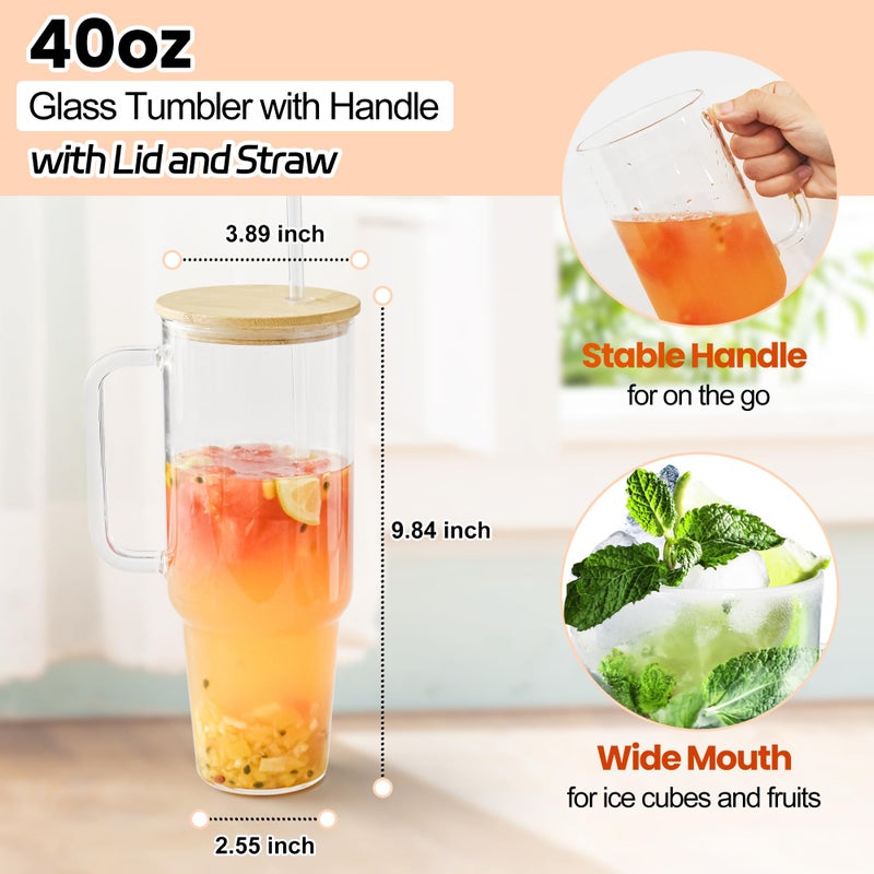 FECBK Glass Cups with Lids and Straws 40 oz Glass Tumbler with Straw and Lid 2 Pack Glass Tumbler with Handle Wide Mouth Iced Coffee Cups for Smoothies, Soda, Tea, with Bamboo Lids - Image 3