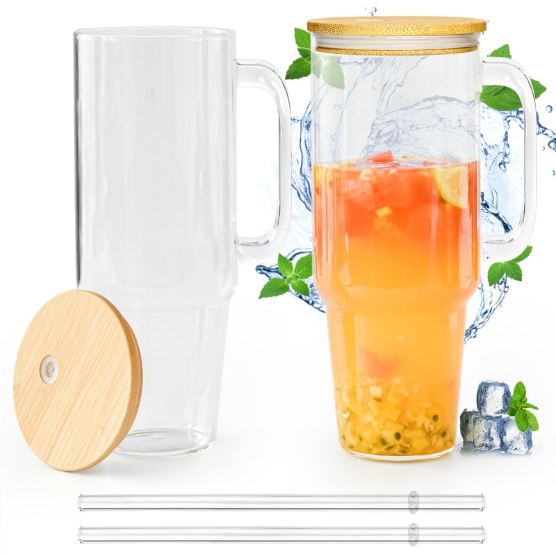 FECBK Glass Cups with Lids and Straws 40 oz Glass Tumbler with Straw and Lid 2 Pack Glass Tumbler with Handle Wide Mouth Iced Coffee Cups for Smoothies, Soda, Tea, with Bamboo Lids - Image 1