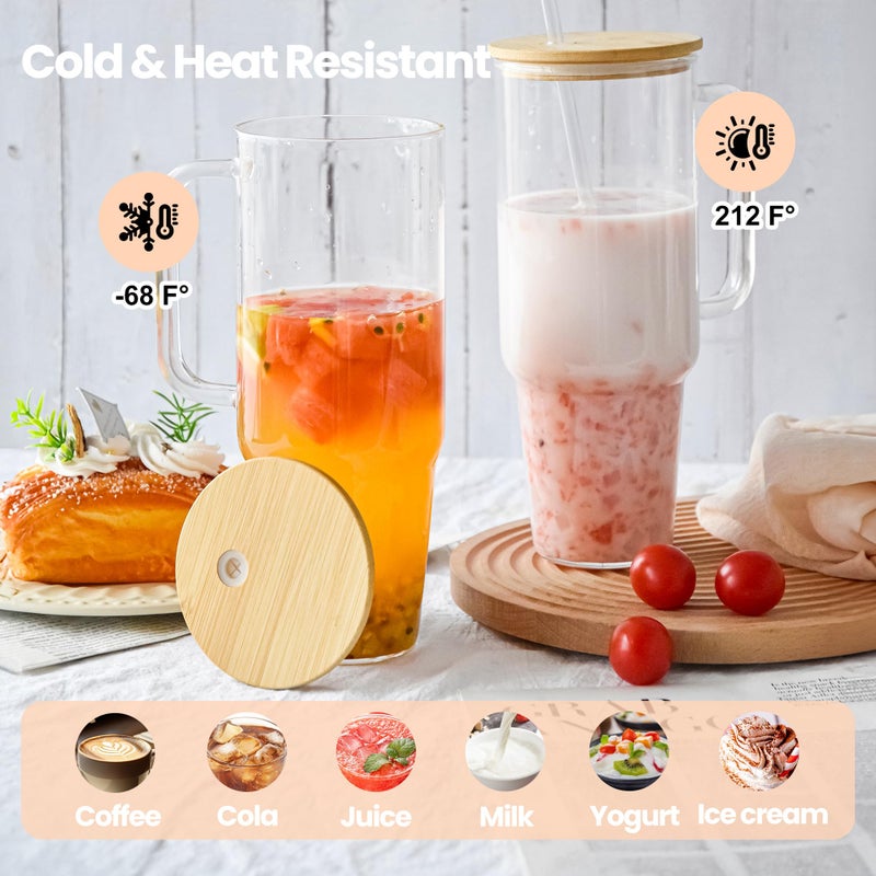 FECBK Glass Cups with Lids and Straws 40 oz Glass Tumbler with Straw and Lid 2 Pack Glass Tumbler with Handle Wide Mouth Iced Coffee Cups for Smoothies, Soda, Tea, with Bamboo Lids - Image 4