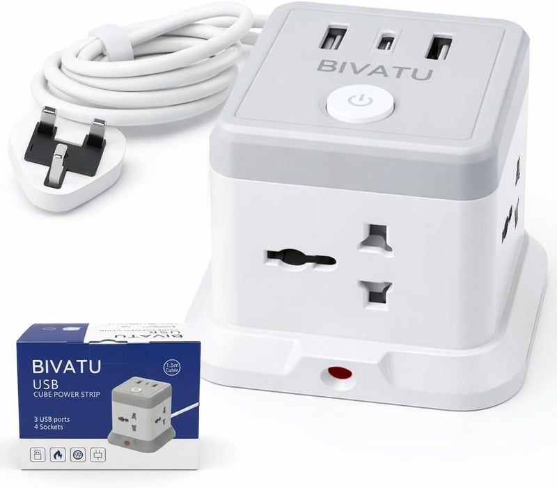 بيفاتو واقي زيادة التيار - 5 أقدام 4 مخرج مع 2 منفذ USB‑A و1 منفذ Type-C، مفتاح LED، لوحة تمديد مقاومة للحريق بقدرة 2500 واط للمنزل والمكتب - Image 1