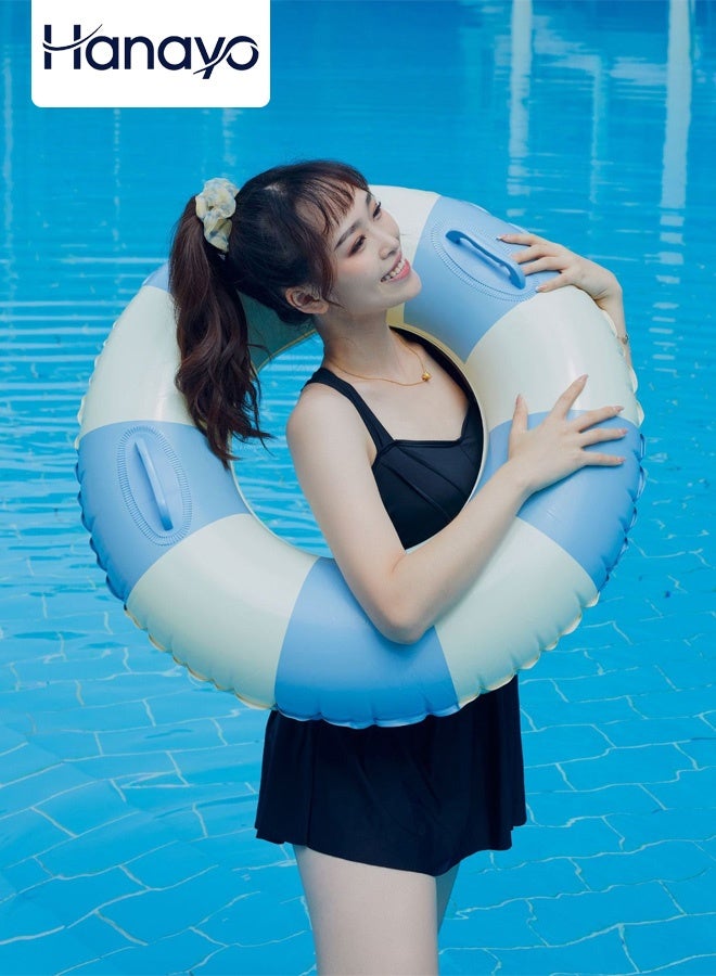 Hanayo Swimming Ring Cute Float Ring Simple Design Inflatable Striped Float with Handle for Adults Stylish Swimming Ring for Sea Pool Beach Summer Vacation Overseas Travel(Blue) - Image 1