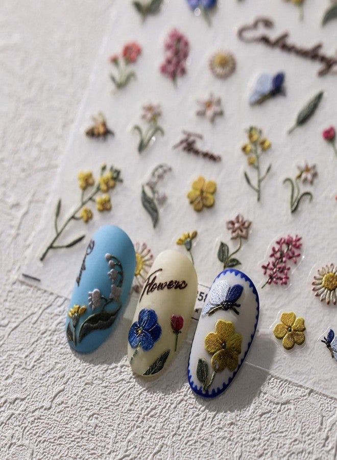 Dedyel Small Daisy Little Wild Flower Nail Stickers 5D Embossed Wildflower Nail Stickers Spring Summer Red Yellow Blue White Flower Design Nail Art Decoration for Women Girls Children - Image 2
