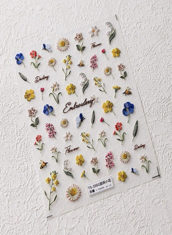 Dedyel Small Daisy Little Wild Flower Nail Stickers 5D Embossed Wildflower Nail Stickers Spring Summer Red Yellow Blue White Flower Design Nail Art Decoration for Women Girls Children - Image 5
