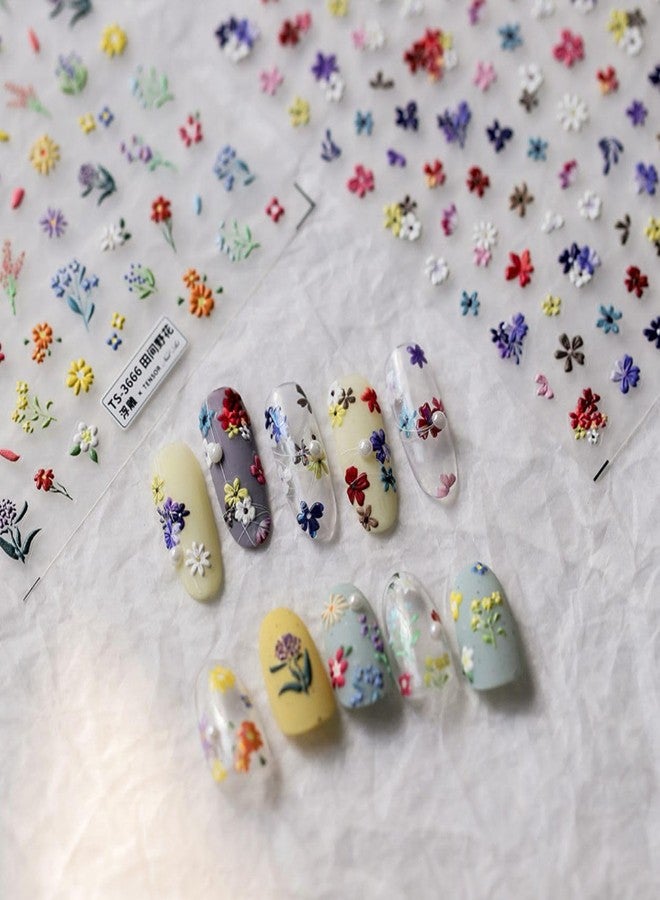Dedyel Small Daisy Little Wild Flower Nail Stickers 5D Embossed Wildflower Nail Stickers Spring Summer Red Yellow Blue White Flower Design Nail Art Decoration for Women Girls Children - Image 1