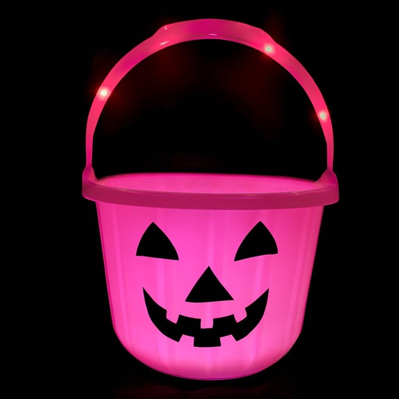 GiftExpress Pink Light Up Halloween Pumpkin Bucket - Plastic Jack O Lantern w/Glow In The Dark Handles - Trick Or Treat Candy Basket & Cauldron Decoration Pail For Kids - Image 1
