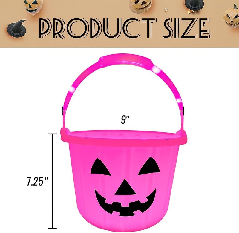 GiftExpress Pink Light Up Halloween Pumpkin Bucket - Plastic Jack O Lantern w/Glow In The Dark Handles - Trick Or Treat Candy Basket & Cauldron Decoration Pail For Kids - Image 3