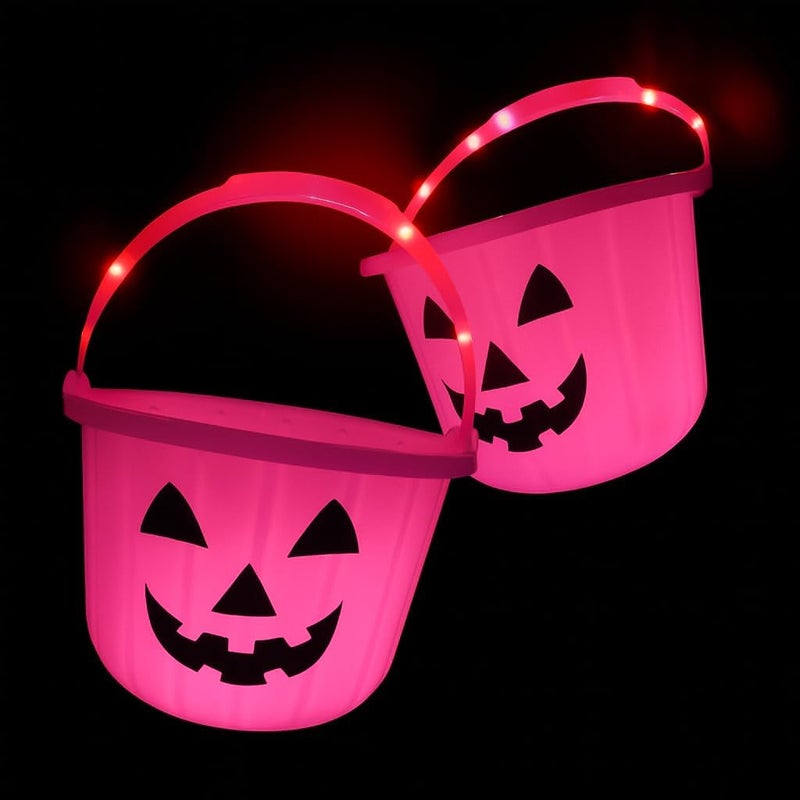 GiftExpress Pink Light Up Halloween Pumpkin Bucket - Plastic Jack O Lantern w/Glow In The Dark Handles - Trick Or Treat Candy Basket & Cauldron Decoration Pail For Kids - Image 4