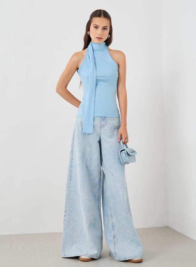 Take Two Solid Sleeveless High Neck with Tie-Up Detail Top - Image 2