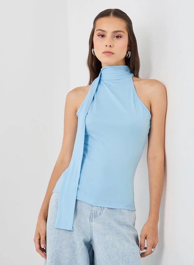 Take Two Take Two Solid Sleeveless High Neck with Tie-Up Detail Top