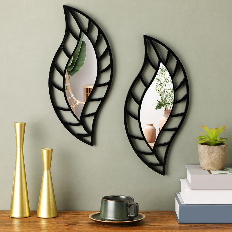 Roowest 2 Pcs Decorative Mirror Wall Decor Leaf Teardrop Mirror Wall Mounted Decorations for Living Room Bedroom Bathroom Vanity Entryway OfficeBlack