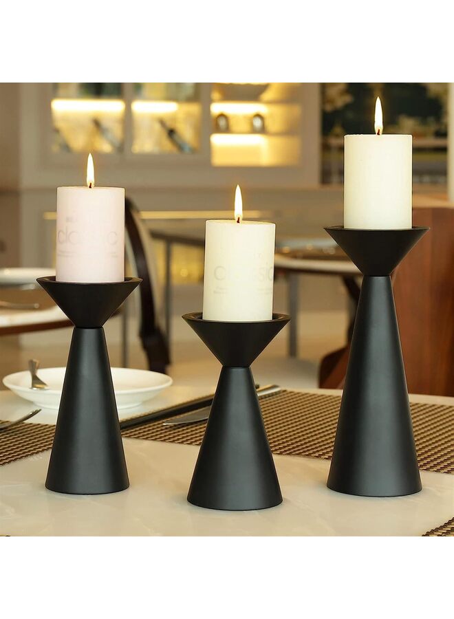 مجموعة حاملات شموع سوداء (3 قطع) - حاملات شموع معدنية للشموع العمودية - قطعة مركزية لحاملات شموع ثلاثية الأعمدة - حاملات شموع عمودية للطاولة - مجموعة حاملات شموع سوداء بتصميم حوامل شموع - Image 2