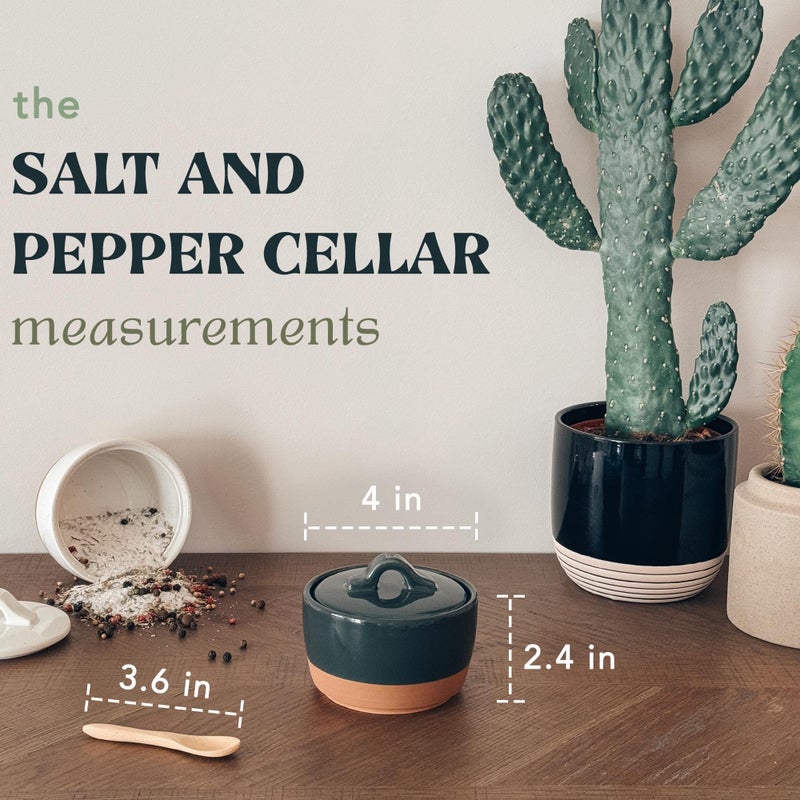 Mora Ceramic Salt and Pepper Cellar Set with Lid - 10 oz Modern Canister/Container/Bowl for Storage, Sea Salt, Spice, Sugar, Countertop - Small Dish/Jar with Wood Spoon, Black & White Crock - Image 2