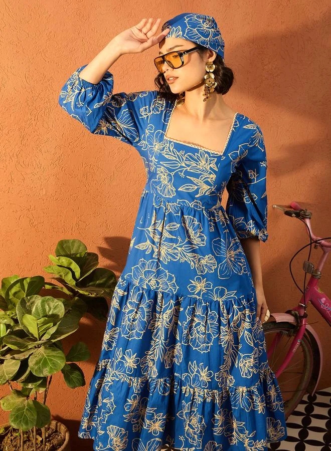 Sassafras Blue Floral Midi Dress with 3/4 Sleeves