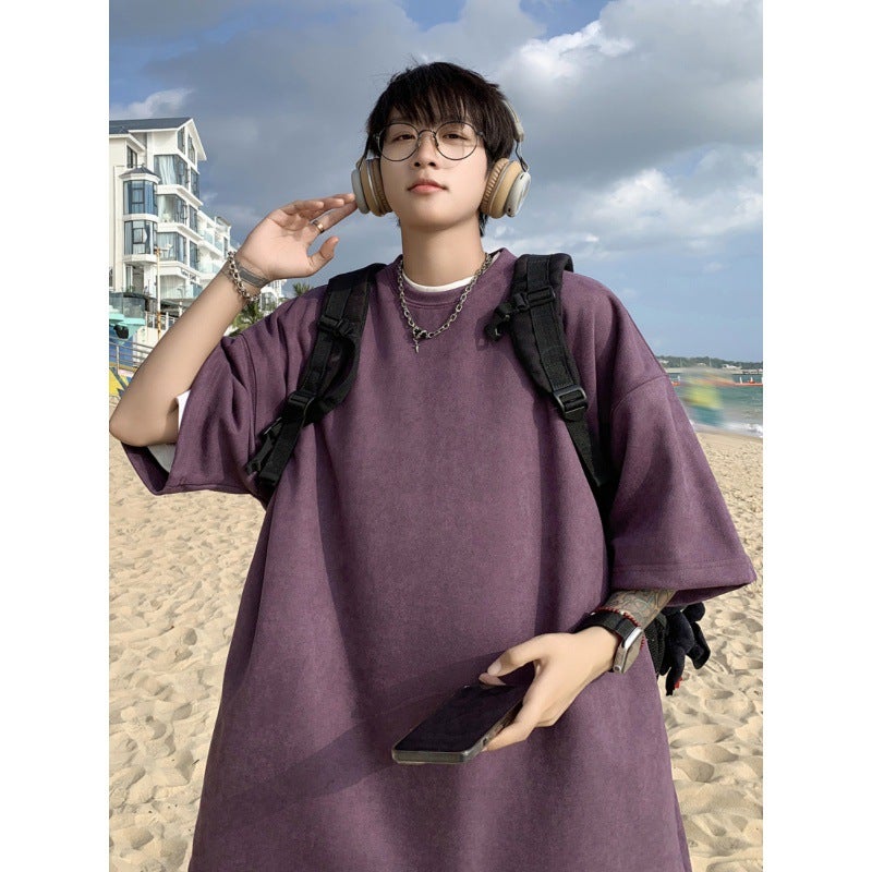 Purple Deerskin Short Sleeve Men'S Summer Plus Size Loose Clothes T-Shirt American Heavy Solid Color Half Sleeve - Image 2
