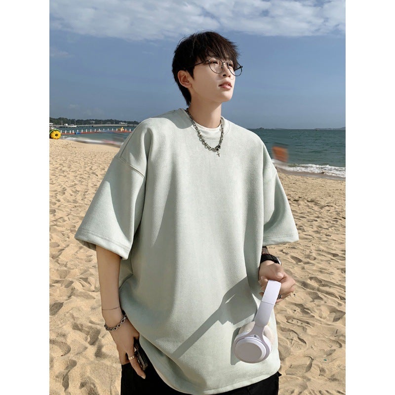 Purple Deerskin Short Sleeve Men'S Summer Plus Size Loose Clothes T-Shirt American Heavy Solid Color Half Sleeve - Image 3