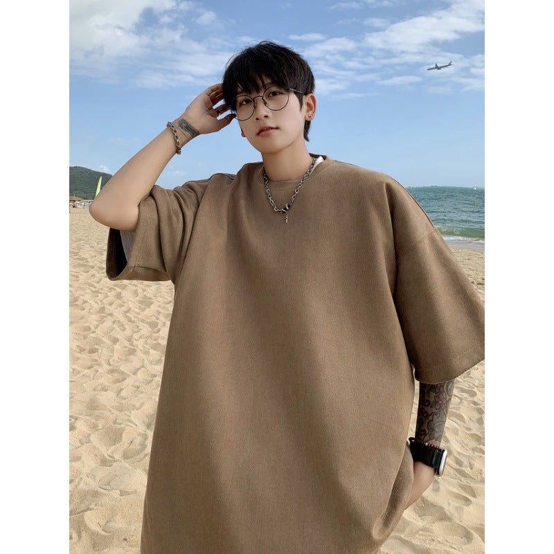 Purple Deerskin Short Sleeve Men'S Summer Plus Size Loose Clothes T-Shirt American Heavy Solid Color Half Sleeve - Image 5