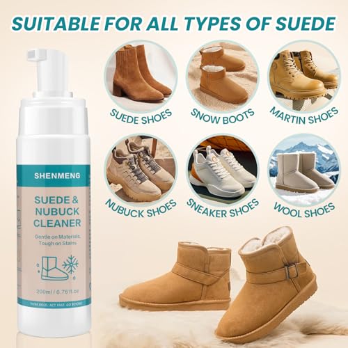 SHENMENG Suede Cleaner Kit, Shoe Cleaner for Suede, Nubuck & Leather Shoes, Sneakers, Boots, Bags, Clothes & Furniture – Safe Foam Formula with Brush & Towel, Removes Stains, Salt & Dirt, 6.76 Oz - Image 4