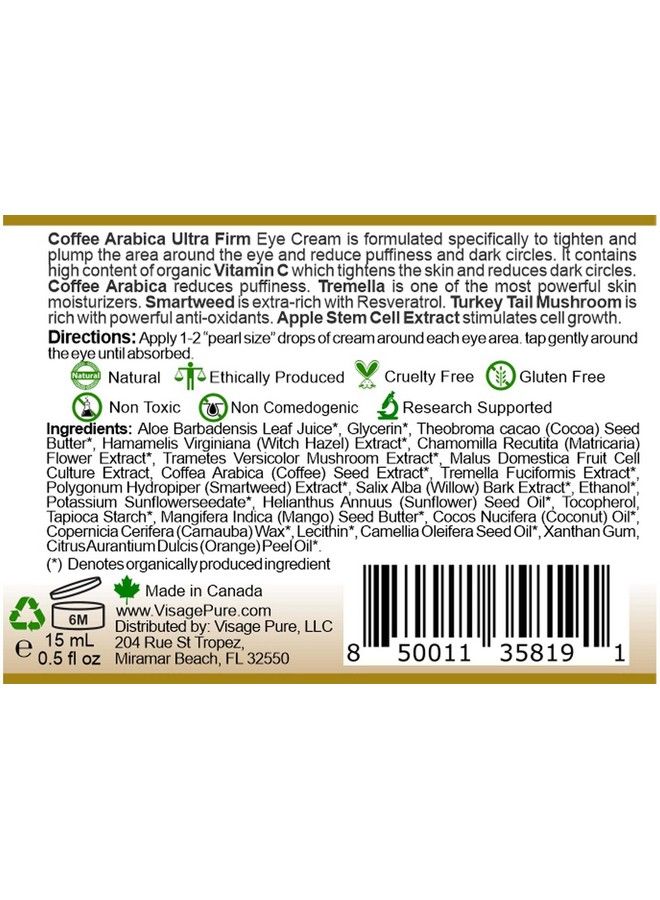 Visage Pure Caffeine Ultra Firm Eye Cream Powerful Hydrating Softening And Firming Eye Cream. Fights Wrinkles Puffiness And Dark Circles Organic Physician Formulated Research Supported  - Image 5