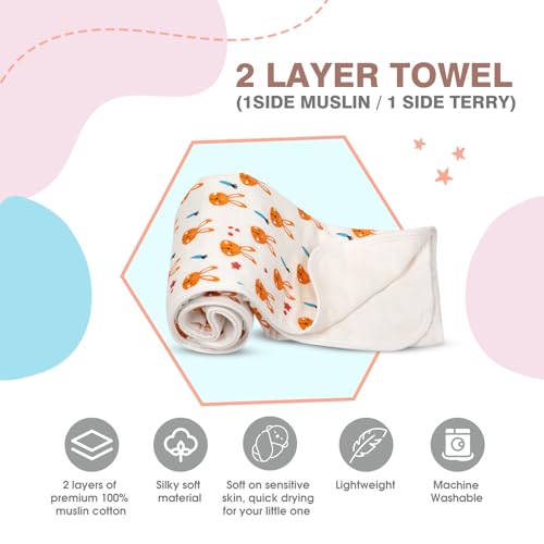 Mee Mee Supremely Absorbent 100% Cotton 2 Layer Premium Soft Baby Towel for New Born | 2 Layers of Muslin & Terry | Washcloth for Kids/Toddlers/Infants/Babies | Pack of 1- Bunny Rabbit Print 75X100 CM - Image 4