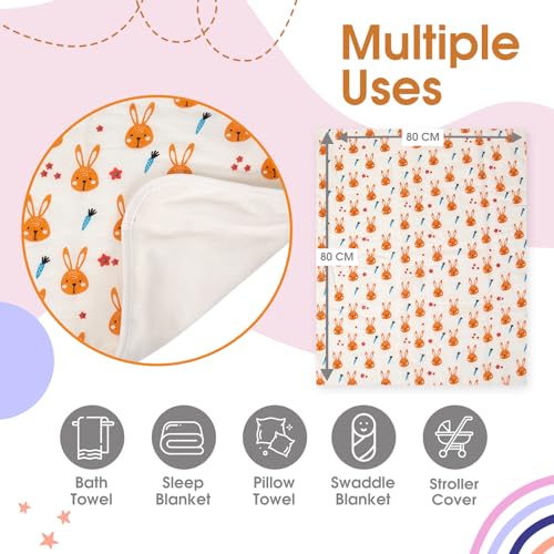 Mee Mee Supremely Absorbent 100% Cotton 2 Layer Premium Soft Baby Towel for New Born | 2 Layers of Muslin & Terry | Washcloth for Kids/Toddlers/Infants/Babies | Pack of 1- Bunny Rabbit Print 75X100 CM - Image 5