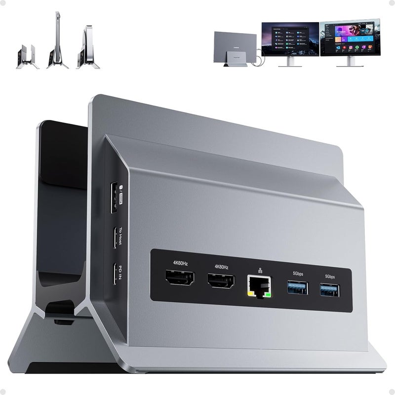 PULWTOP محطة إرساء لابتوب USB-C مزدوجة الشاشة، قاعدة رأسية 11 في 1 مع 2 HDMI 4K، 3 USB A/C 10 جيجابت/ثانية، 2 USB-A 5 جيجابت/ثانية، USB A 2.0، إيثرنت، حامل محطة إرساء لأجهزة لابتوب من نوع USB-C - أسود - Image 1