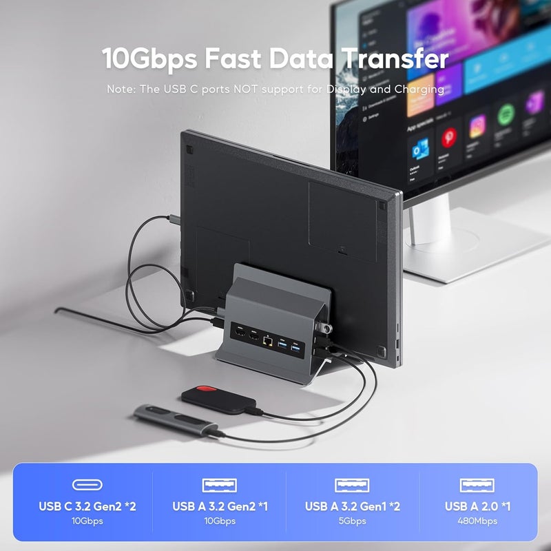 PULWTOP محطة إرساء لابتوب USB-C مزدوجة الشاشة، قاعدة رأسية 11 في 1 مع 2 HDMI 4K، 3 USB A/C 10 جيجابت/ثانية، 2 USB-A 5 جيجابت/ثانية، USB A 2.0، إيثرنت، حامل محطة إرساء لأجهزة لابتوب من نوع USB-C - أسود - Image 5