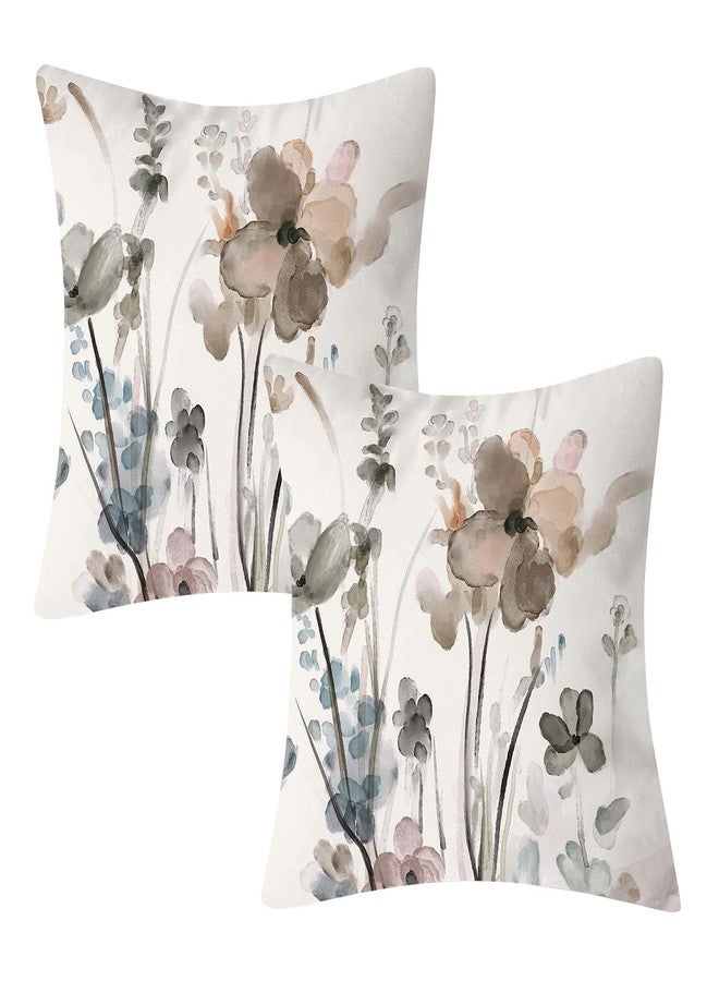 Dixutzi Floral Pillow Covers 18x18, Watercolor Teal Brown Cream Grey Flower Pillow Cushion Cases, Abstract Modern Decorative Throw Pillows for Sofa Couch Living Room Bedroom Car, Set of 2 - Image 1