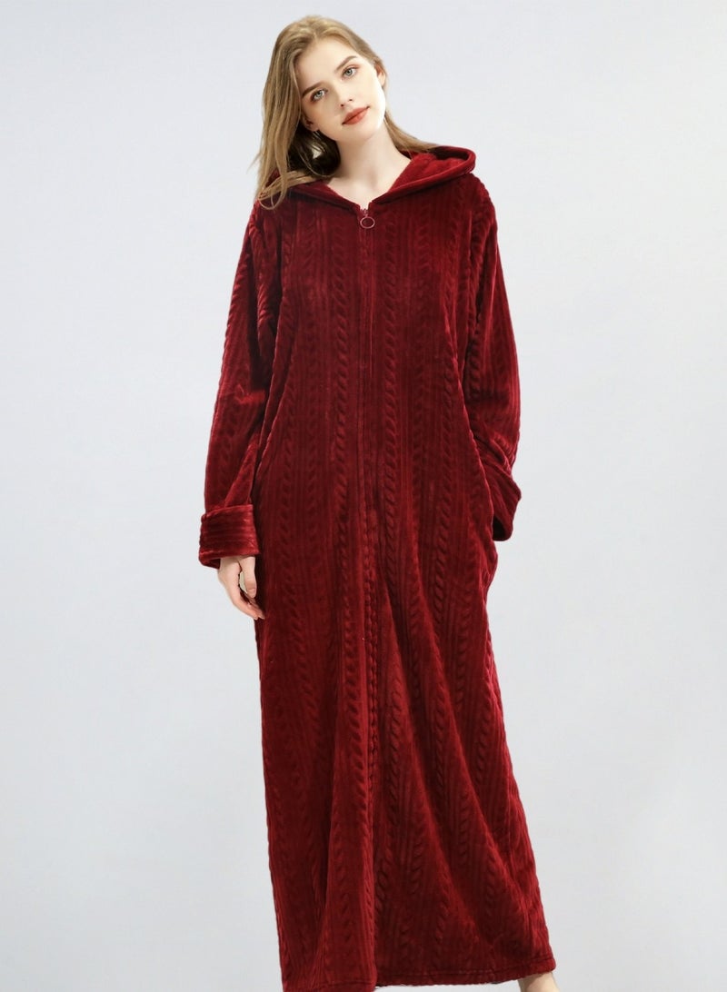 إسكدنيا جنس واحد الشتاء طويل سميكة زيبر فستان ليلي فلانيل غطاء رداء حمام بيجاما النبيذ الأحمر - Image 1