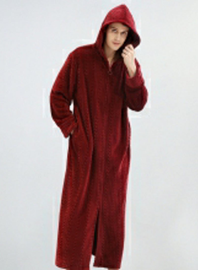 إسكدنيا جنس واحد الشتاء طويل سميكة زيبر فستان ليلي فلانيل غطاء رداء حمام بيجاما النبيذ الأحمر - Image 2