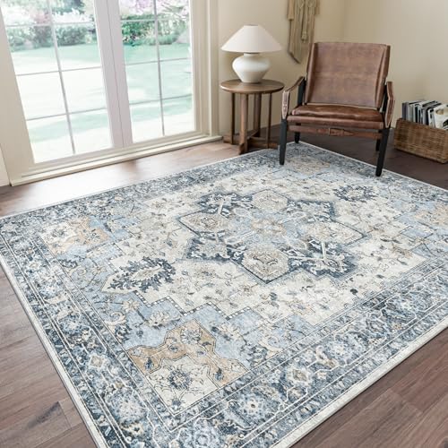 GENIMO 6x9 Area Rugs for Living Room Non Slip Machine Washable Rugs Low Pile Chenille Print Rug for Bedroom Dining Room Home Office Blue