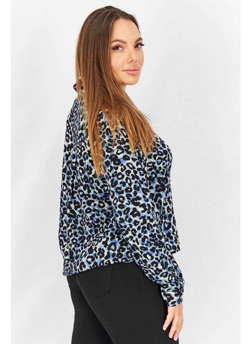 Tchibo Women Spread Collar Long Sleeves Printed Blouse, Blue  - Image 3