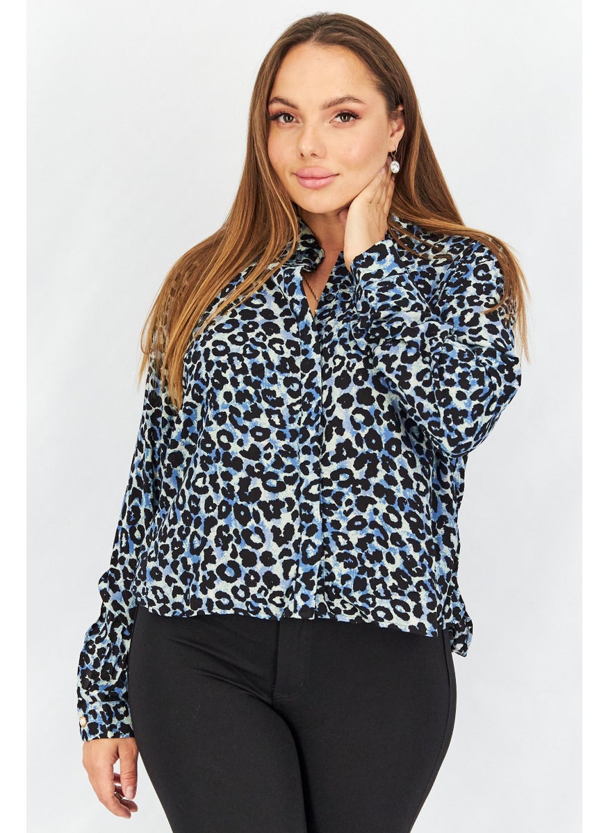 Tchibo Women Spread Collar Long Sleeves Printed Blouse, Blue  - Image 1