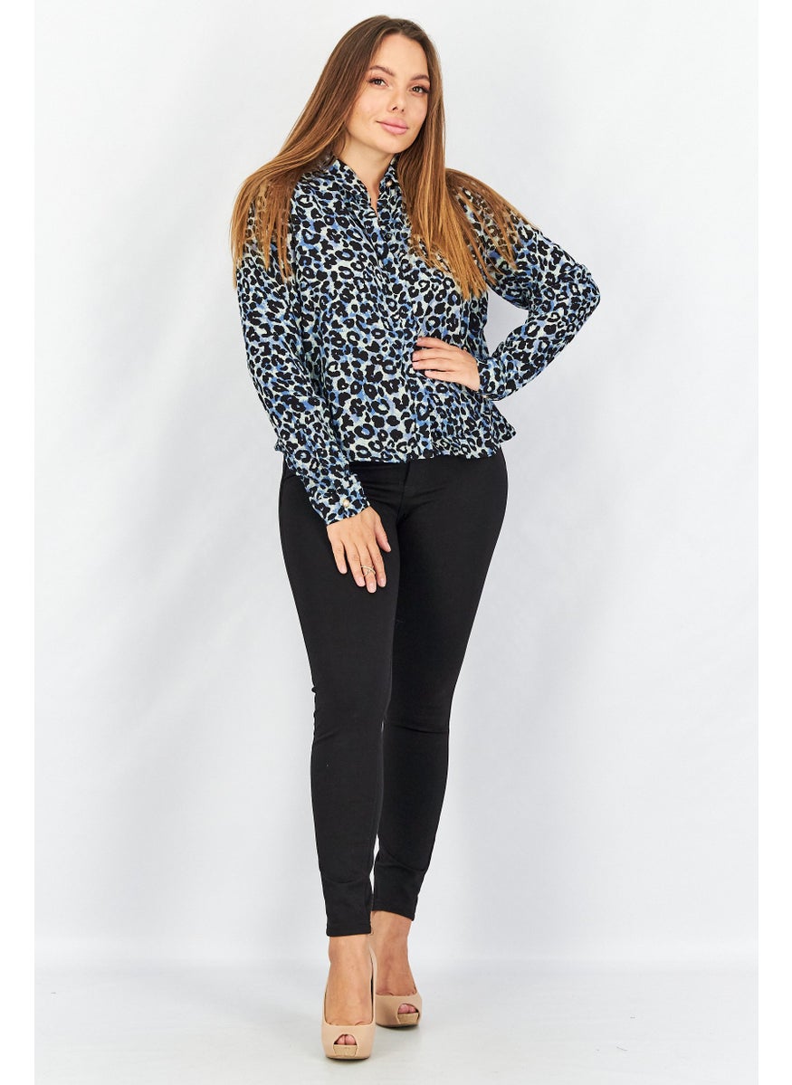 Tchibo Women Spread Collar Long Sleeves Printed Blouse, Blue  - Image 2