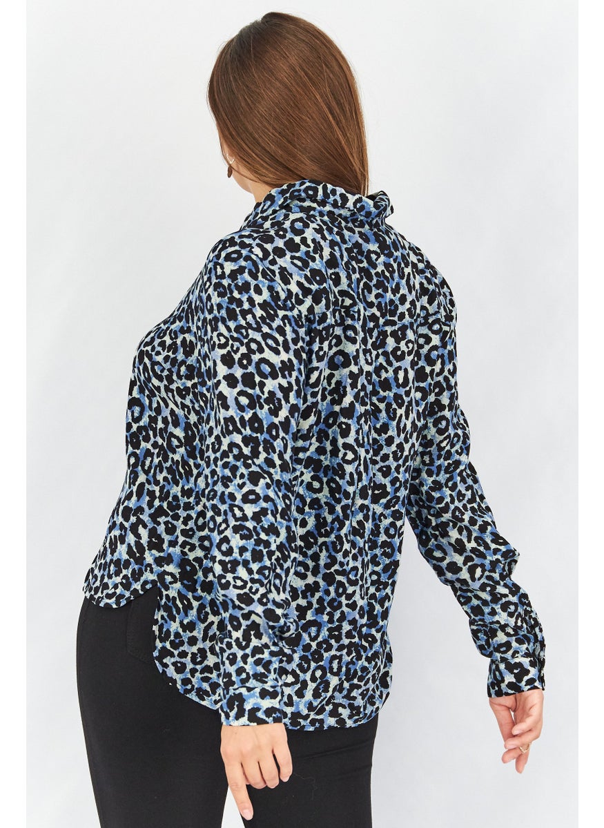 Tchibo Women Spread Collar Long Sleeves Printed Blouse, Blue  - Image 4