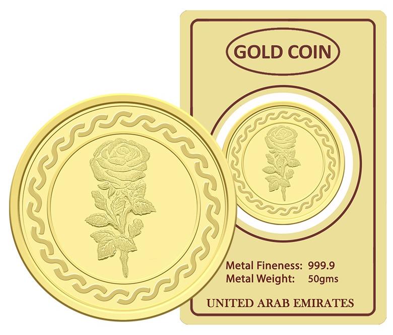 أف كيه جوليريز عملة ذهب 50 جرام مع تصميم زهرة ومبنى تراثي إماراتي - 50 جرام - Image 1