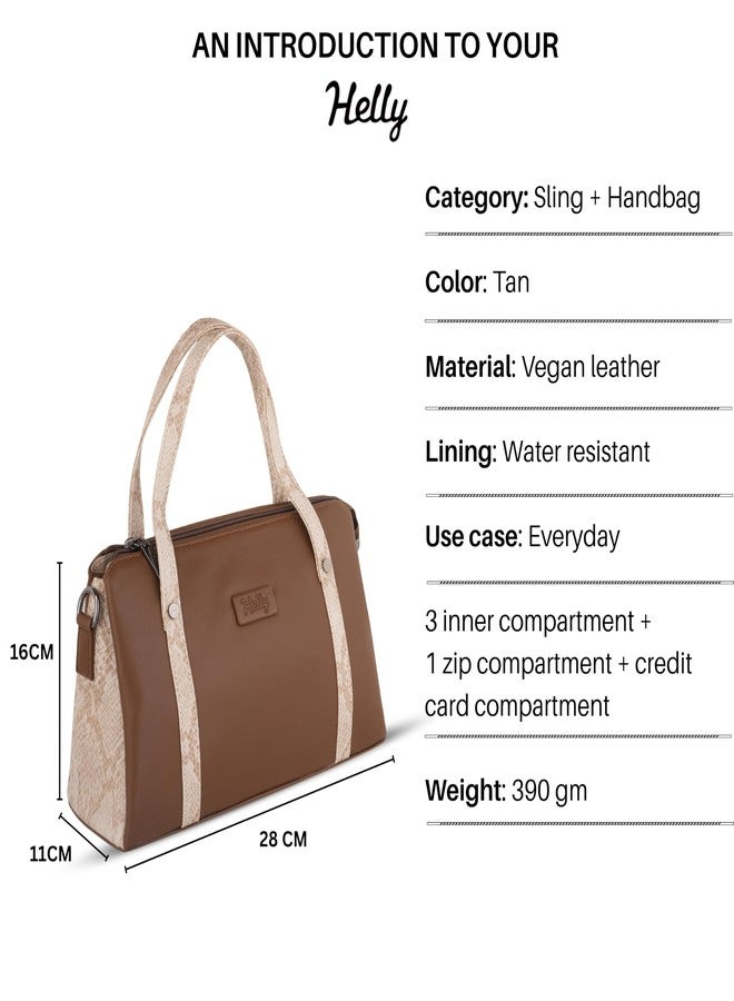 HELLY Stylish Women Handbag | Dual Tone Vegan Leather | Shoulder & Sling Bag | Spacious Multi Pocket (Tan) - Image 4